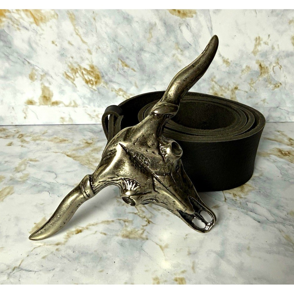 Vintage Western Longhorn Bull Skull Belt Buckle Leather Belt Made in Spain 41"
